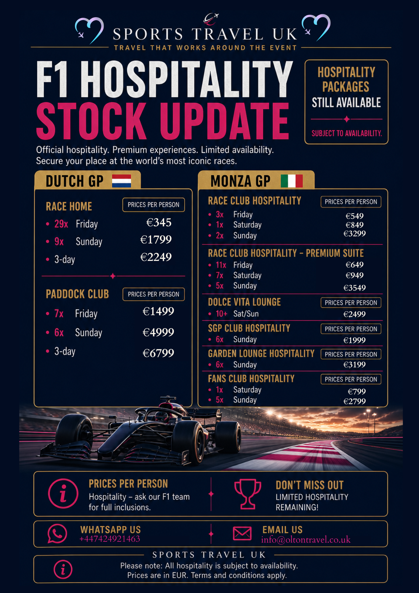 Dutch and Monza Grand Prix hospitality availability and prices from Sports Travel UK